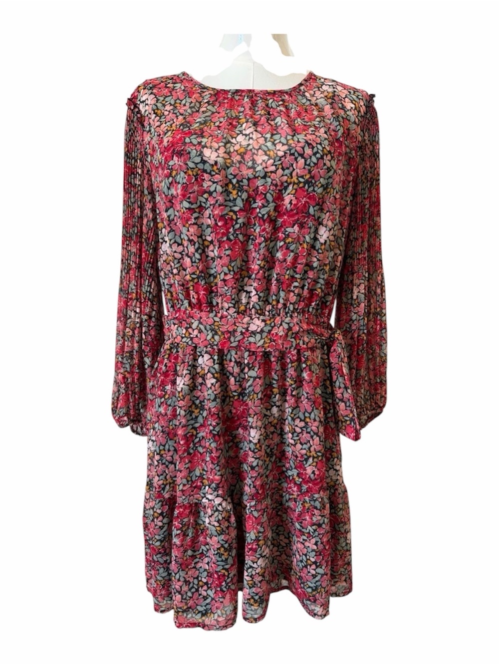 LC Lauren Conrad Pink and Red Floral Pleated Sleeve Ruffle Dress Size L